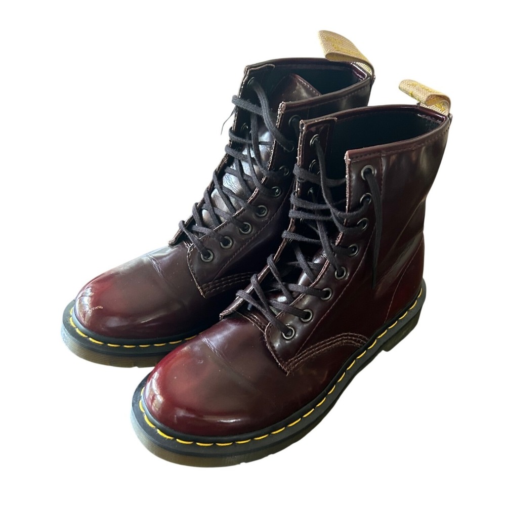 Dr. Martens Vegan 1460 Combat Boots 8 Cherry Red Chrome 8-Eye Lace Up Grunge